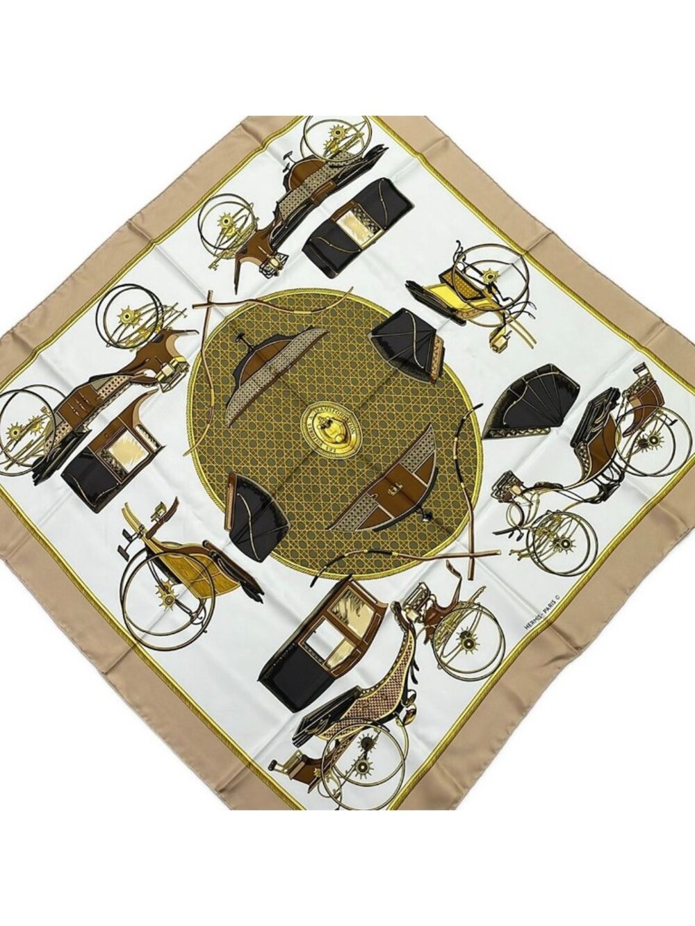 Hermes Scarf Carre 90 White Beige Multi les Voitures Transformation